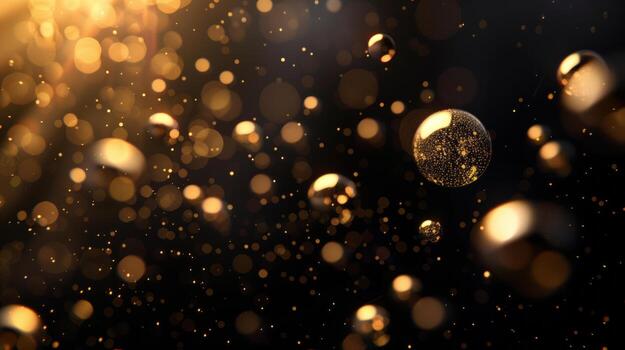 AI generated Abstract gold particles of liquid Glowing orbs background. Shiny transparent gradient backdrop. Strong depth of field photo