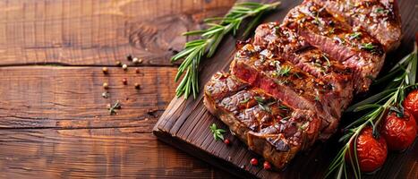 AI generated Juicy medium rare delicious steak on brown wooden table with tomatoes and rosemary as wide banner with copy space area photo