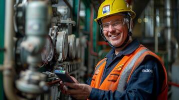 AI generated Engineer in safety helmet holding an electronic device to control machinery, smiling joyfully from passion for work photo