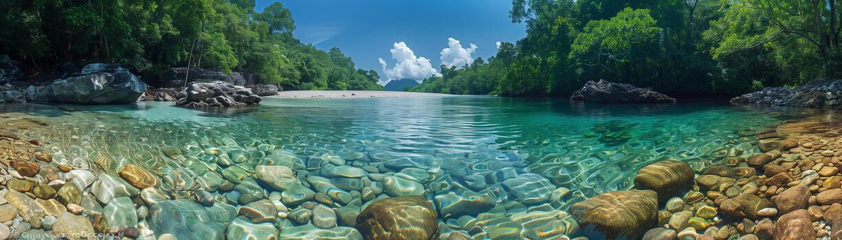 AI generated panoraman view of clear water at watershed forest, beautiful nature banner background photo