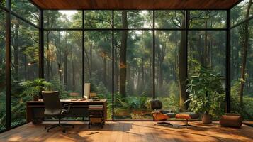 AI generated A room for work form home office full of trees, eco-friendly concept, glass house, modern and minimal photo