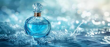 AI generated luxury glass perfume bottle with sea water on empty background in blue ocean theme as wide banner with copy space area photo