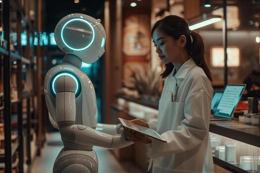 AI generated AI robot assisting woman employee with advanced tasks, emphasizing innovation and harmony in the workplace of the future photo