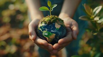 AI generated Hands holding blue planet earth with growing plant on it, embodying the essence of Earth Day and the importance of eco-friendly photo