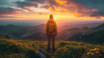 AI generated Traveller standing on top of cliff at sunset enjoying beautiful panorama view of mountains. photo