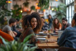 AI generated A diverse group of people from different ethnicities brainstorming in a modern cozy meeting room, with a relaxed work-life balance atmosphere photo