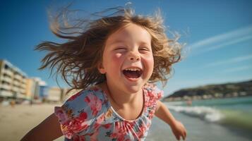 AI generated Smiling chubby girl with blond hair and flower print dress enjoying a summer day on the beach by the ocean, radiating beauty and happiness photo