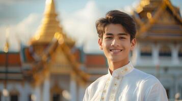 ai generado retrato de sonriente joven tailandés hombre en blanco atuendo en templo de el Esmeralda Buda fondo, tailandia, sonrisa felizmente foto
