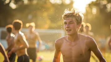 AI generated a shirtless young man fully immersed in the joy of playing soccer, with sweat covering his body as a testament to his hard work and the summer heat photo