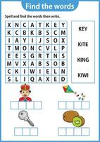 Word puzzle game Word search worksheet Education game for children Learning English alphabet vector