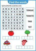 Word puzzle game Word search worksheet Education game for children Learning English alphabet vector