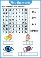 Word puzzle game Word search worksheet Education game for children Learning English alphabet vector