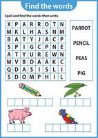 Word puzzle game Word search worksheet Education game for children Learning English alphabet vector