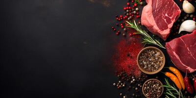 AI generated Raw steak on the grill on a dark background. Piece of meat with salt, pepper and herbs photo