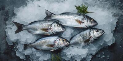 AI generated Photorealistic image of freshly caught sea fish on an ice bed photo