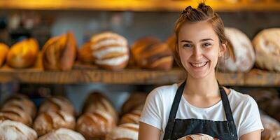 AI generated A joyful and smiling young woman runs a bakery. photo