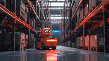 AI generated Robot - platform in a warehouse. Robotic system working in warehouses, artificial intelligence technology concept. photo