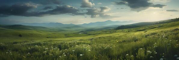 AI generated Beautiful sunny spring-summer meadow. Colorful panoramic landscape with many wildflowers. photo