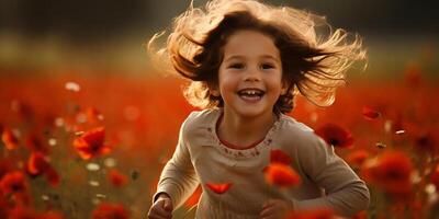 ai generado un contento niño carreras y tiene divertido en un amapola campo. contento niño jugando en un prado de floreciente rojo amapolas foto