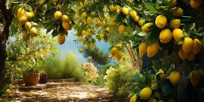 AI generated Ripe lemons growing on a lemon tree in the garden. Close-up of lemons and lemon trees in sunlight photo