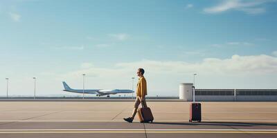 AI generated Portrait of a young handsome man walking to a train station or airport with a suitcase. photo