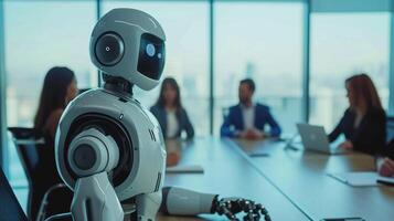 AI generated Business meeting with employees and humanoid robot. Teamwork. Office. photo