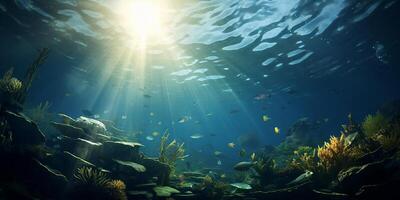 AI generated The sun's rays make their way to the seabed. Photorealistic image of the underwater world photo