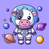 Cute cow wearing an astronaut suit floating in outer space vector