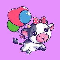 Cute cow flying with balloons vector