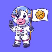 Cute cow wearing astronaut suit and carrying flag vector
