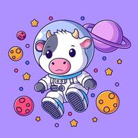 Cute cow floating in space wearing astronaut suit vector