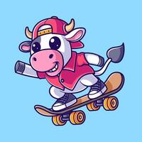 linda vaca jugando patineta y vistiendo un rojo sombrero vector