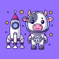 Cute cow wearing an astronaut suit with a rocket vector