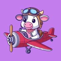 Cute cow riding a red airplane vector