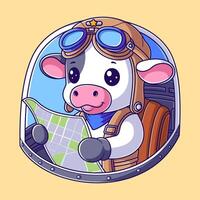 A cute cow pilots a plane and reads maps vector