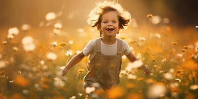 AI generated Happy child runs and has fun in the field. Happy child playing in the sun. Happy childhood photo