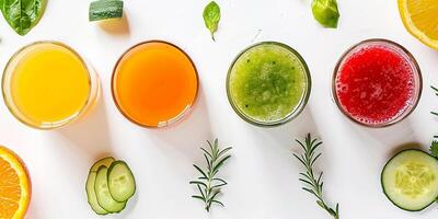 ai generado conjunto de lentes de vegetal jugos sano comiendo foto