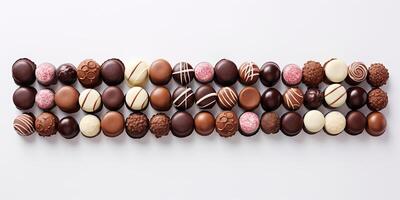 AI generated set of chocolates. photorealistic image of various chocolates, confectionery. photo