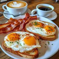 AI generated Photorealistic image of fried eggs on toast with bacon. Delicious breakfast photo