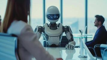 AI generated Business meeting with employees and humanoid robot. Teamwork. Office. photo