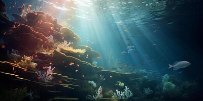 AI generated The sun's rays make their way to the seabed. Photorealistic image of the underwater world photo