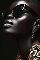 AI generated Close-up of a portrait of a glamorous African female model in black glasses photo