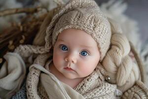 AI generated Cute little boy in handmade knitted clothes posing for the camera photo