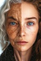 AI generated The face of a young girl and an elderly woman with wrinkles. The concept of aging and skin care photo