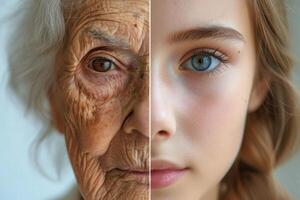 AI generated The face of a young girl and an elderly woman with wrinkles. The concept of aging and skin care photo