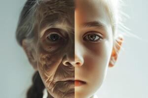 AI generated The face of a young girl and an elderly woman with wrinkles. The concept of aging and skin care photo