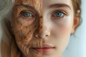 AI generated The face of a young girl and an elderly woman with wrinkles. The concept of aging and skin care photo