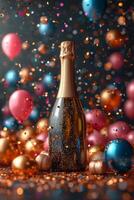 AI generated A bottle of champagne with an empty label, on a festive background with balloons photo