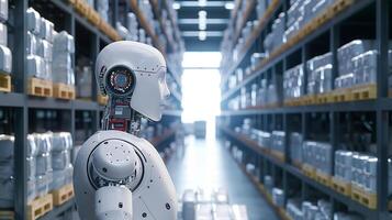 AI generated A humanoid robot works in a warehouse. Robotic system working in warehouses, artificial intelligence technology concept. photo