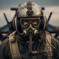 AI generated Realistic image of a military aircraft pilot. Before a combat mission photo